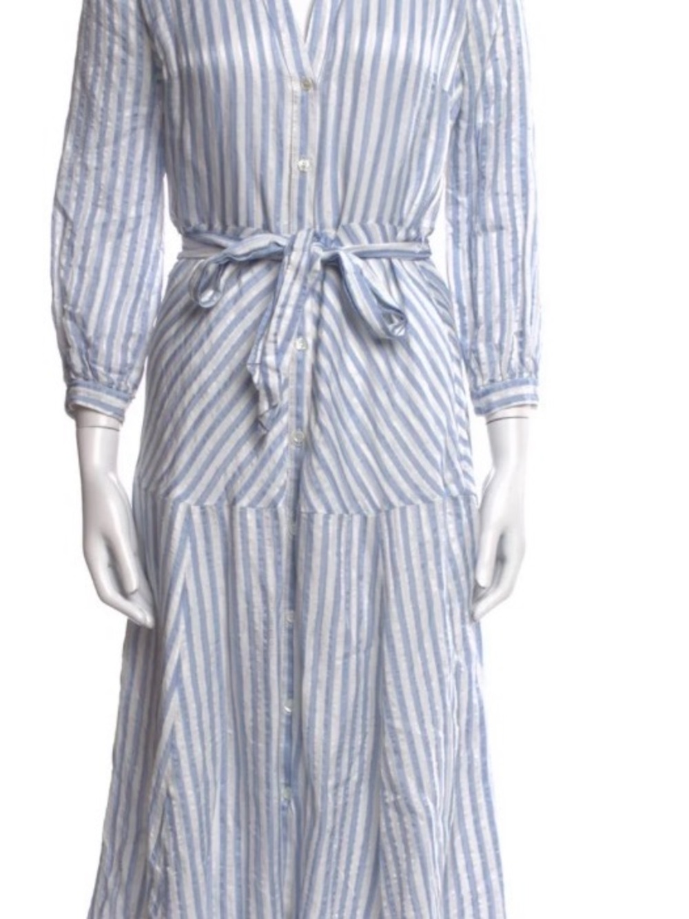 Veronica Beard Blue & White Striped Long-Sleeve Shirt Dress with Tie Waist